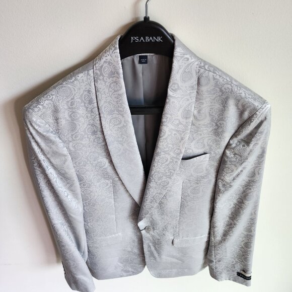 36L Dinner Jacket Silver Gray Shawl Lapel Skinny Fit Long New Jos A Bank Paisley - Picture 17 of 17